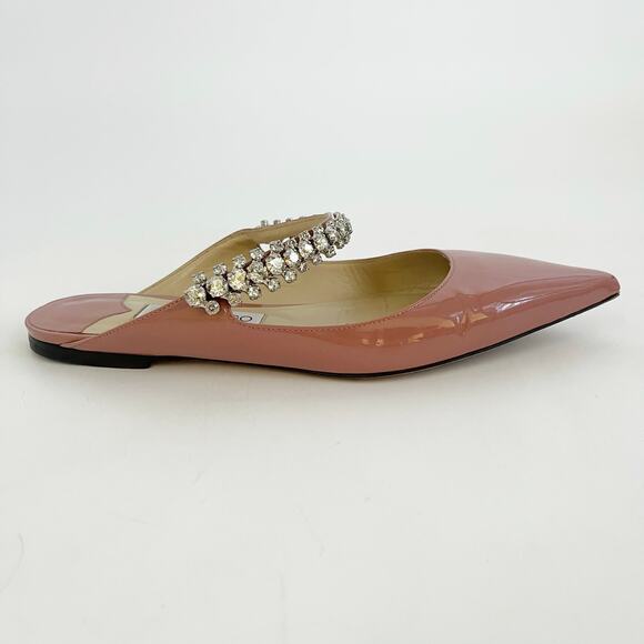 Jimmy Choo Ballet Pink Patent Leather Crystal Bing Pointed Toe Flat Mules 37.5 - Picture 3 of 11